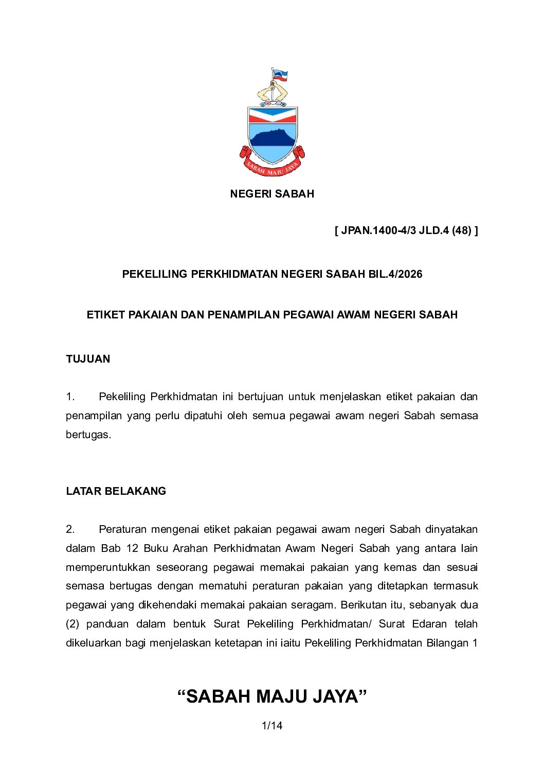 PEKELILING PERKHIDMATAN NEGERI SABAH BIL.4/2026